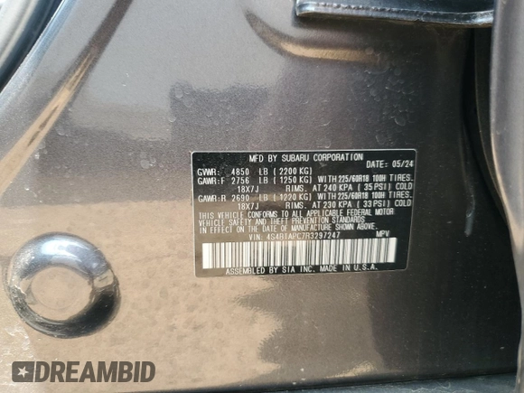 2024 Subaru Outback Touring with VIN 4S4BTAPC7R3297247, listed as a Copart auction lot 56681195 with 10,086 mi miles and Salvage title. Bid and sale history available at DreamBid. Image 12.