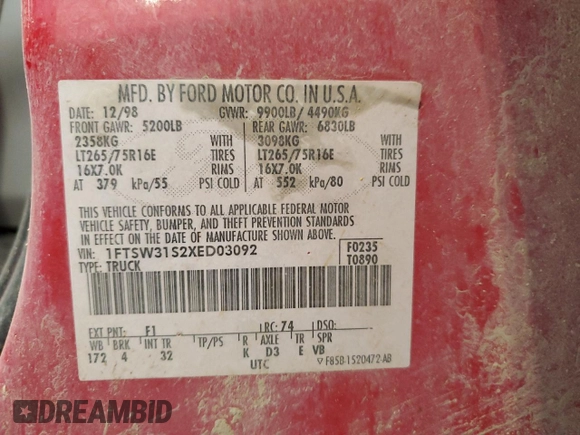 1999 Ford F-350 XL z VIN 1FTSW31S2XED03092, wystawiony jako Copart lot #55945315 z przebiegiem 188 847 mil mil oraz Szkoda całkowita • Salvage title. Historia ofert i sprzedaży dostępna na DreamBid. Obrazek 12.