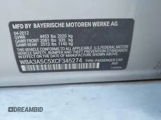 2012 BMW 3 Series 328i with VIN WBA3A5C5XCF345274, listed as a IAAI auction lot 41812072 with 142,024 mi miles. Bid and sale history available at carsss.com. Image 9.