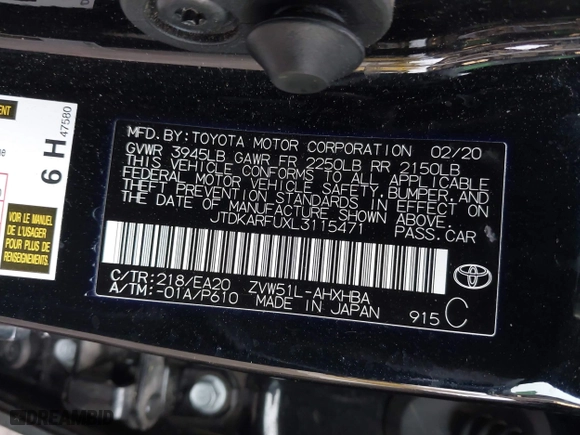 2020 Toyota Prius L Eco with VIN JTDKARFUXL3115471, listed as a IAAI auction lot 41831411 with 48,378 mi miles. Bid and sale history available at carsss.com. Image 9.