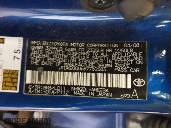 2008 Toyota Prius with VIN JTDKB20U687782583, listed as a IAAI auction lot 42064173 with 148,280 mi miles and . Bid and sale history available at DreamBid. Image 9.