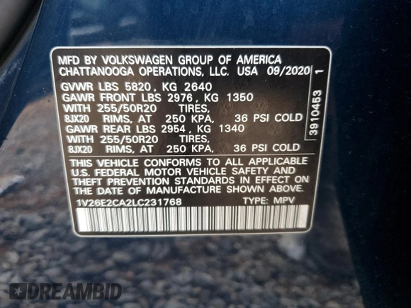 2020 Volkswagen Atlas SE with VIN 1V26E2CA2LC231768, listed as a Copart auction lot 57769365 with 68,185 mi miles and Salvage title. Bid and sale history available at DreamBid. Image 13.