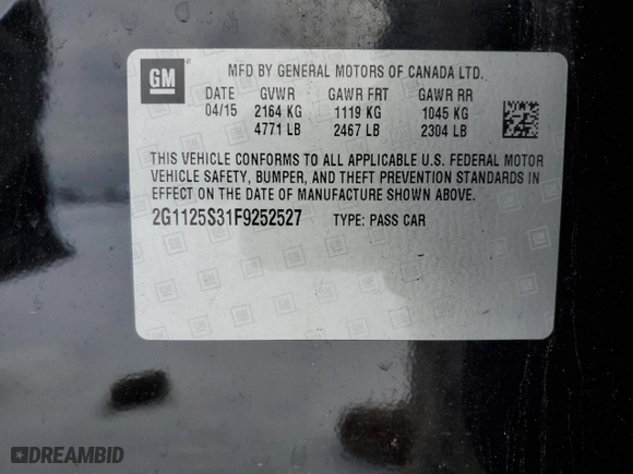 2015 Chevrolet Impala LT with VIN 2G1125S31F9252527, listed as a Copart auction lot 44163785 with 0 mi miles and Clean Title. Bid and sale history available at carsss.com. Image 13.