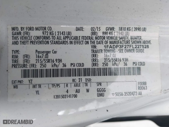 2015 Ford Focus SE with VIN 1FADP3F27FL227528, listed as a IAAI auction lot 41751324 with 94,968 mi miles. Bid and sale history available at carsss.com. Image 9.