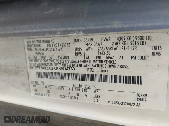 2019 Ford Transit with VIN 1FTBW2XGXKKB14763, listed as a IAAI auction lot 41797636 with 58,122 mi miles and . Bid and sale history available at DreamBid. Image 9.