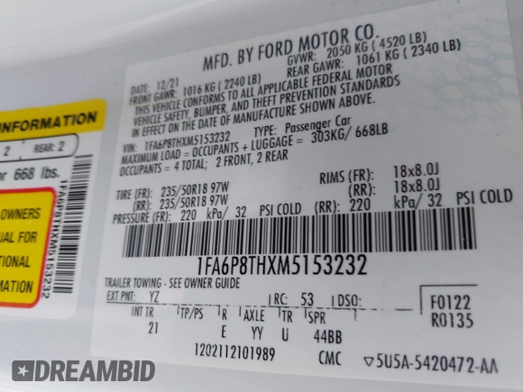 2021 Ford Mustang EcoBoost with VIN 1FA6P8THXM5153232, listed as a IAAI auction lot 42458757 with 45,267 mi miles and . Bid and sale history available at DreamBid. Image 9.