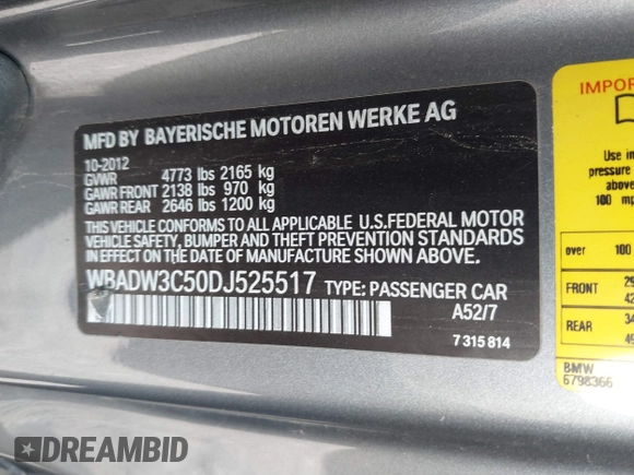 2013 BMW 3 Series 328i with VIN WBADW3C50DJ525517, listed as a IAAI auction lot 41905268 with 99,534 mi miles. Bid and sale history available at carsss.com. Image 9.