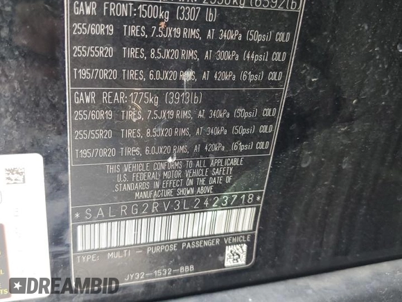 2020 Land Rover Discovery SE with VIN SALRG2RV3L2423718, listed as a Copart auction lot 57251085 with 104,450 mi miles and Clean Title. Bid and sale history available at DreamBid. Image 13.