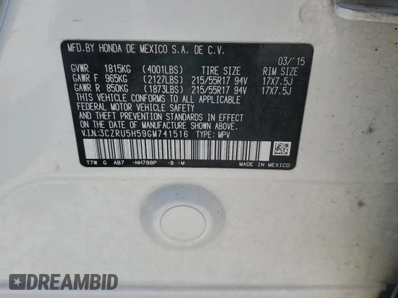 2016 Honda HR-V EX with VIN 3CZRU5H59GM741516, listed as a Copart auction lot 53726895 with 128,687 mi miles and Salvage Title. Bid and sale history available at DreamBid. Image 14.