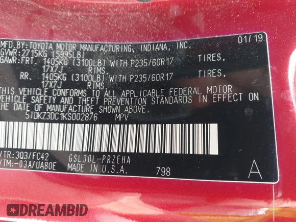 2019 Toyota Sienna LE Auto Access Seat with VIN 5TDKZ3DC1KS002876, listed as a IAAI auction lot 42105609 with 66,192 mi miles and . Bid and sale history available at DreamBid. Image 9.