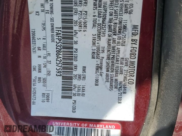 2006 Ford Taurus SE с VIN 1FAFP53286A257593, выставлен на аукционе Copart как лот 62270255 с пробегом Не указан миль и На запчасти • Non repairable. История ставок и продаж доступна на DreamBid. Изображение 13.