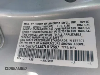 2007 Honda Element LX with VIN 5J6YH18357L012597, listed as a IAAI auction lot 41626557 with 209,648 mi miles and . Bid and sale history available at DreamBid. Image 9.