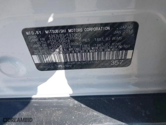 2017 Mitsubishi Outlander Sport ES 2.0 with VIN JA4AP3AU5HZ033242, listed as a IAAI auction lot 41602788 with 102,327 mi miles. Bid and sale history available at carsss.com. Image 9.