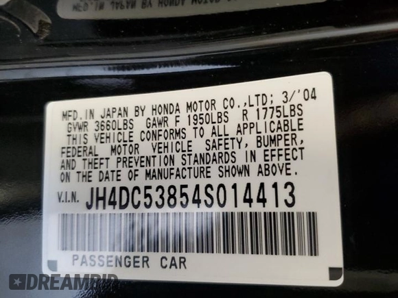 2004 Acura RSX z VIN JH4DC53854S014413, wystawiony jako Copart lot #75858704 z przebiegiem 68 719 mil mil oraz Szkody całkowita. Historia ofert i sprzedaży dostępna na DreamBid. Obrazek 13.