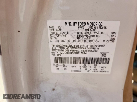 2012 Ford Escape XLT с VIN 1FMCU0DG5CKB17814, выставлен на аукционе Copart как лот 62106245 с пробегом 229 603 миль миль и Чистый • Clean title. История ставок и продаж доступна на DreamBid. Изображение 12.