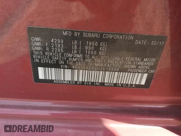 2017 Subaru Impreza Premium with VIN 4S3GKAD66H3619998, listed as a Copart auction lot 55403315 with 182,099 mi miles and Salvage title. Bid and sale history available at DreamBid. Image 13.