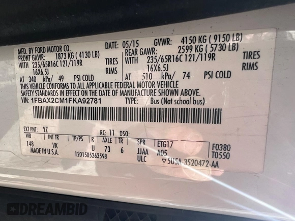 2015 Ford Transit Passenger XL with VIN 1FBAX2CM1FKA92781, listed as a Copart auction lot 47103825 with 203,072 mi miles and Clean Title. Bid and sale history available at carsss.com. Image 10.
