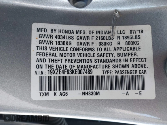 2019 Honda Insight Touring with VIN 19XZE4F93KE007489, listed as a IAAI auction lot 41943334 with 118,689 mi miles and . Bid and sale history available at DreamBid. Image 9.