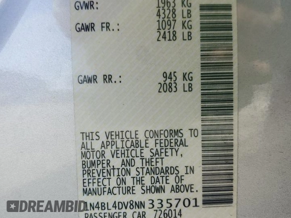 2022 Nissan Altima SV z VIN 1N4BL4DV8NN335701, wystawiony jako Copart lot #53495725 z przebiegiem 63 648 mil mil oraz Czysty tytuł • Clean title. Historia ofert i sprzedaży dostępna na DreamBid. Obrazek 12.