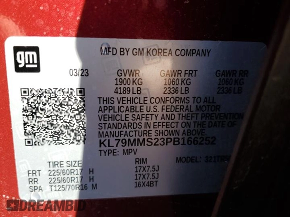 2023 Chevrolet TrailBlazer LS with VIN KL79MMS23PB166252, listed as a Copart auction lot 52038215 with 25,551 mi miles and Salvage Title. Bid and sale history available at DreamBid. Image 12.