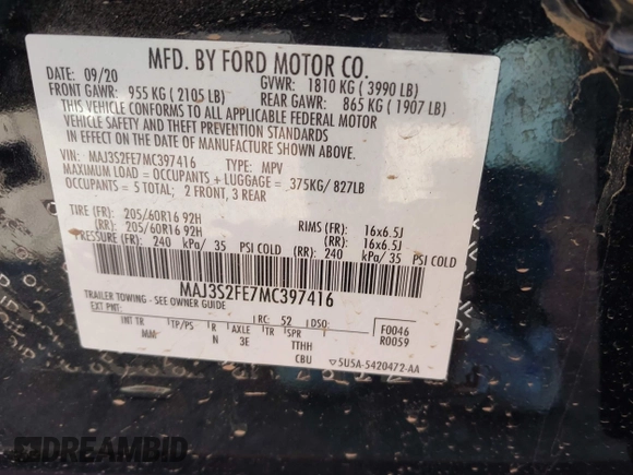 2021 Ford EcoSport S with VIN MAJ3S2FE7MC397416, listed as a IAAI auction lot 42016442 with 84,438 mi miles and . Bid and sale history available at DreamBid. Image 9.