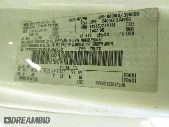 1998 Ford Econoline Cargo with VIN 1FTNS2421WHC08759, listed as a IAAI auction lot 42785005 with Not provided miles and . Bid and sale history available at DreamBid. Image 9.