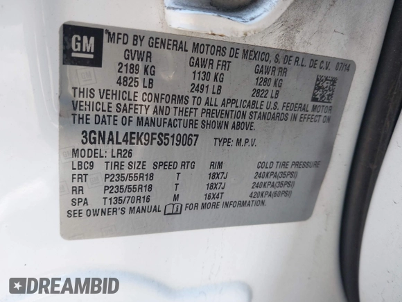 2015 Chevrolet Captiva Sport LTZ with VIN 3GNAL4EK9FS519067, listed as a IAAI auction lot 41596979 with 135,316 mi miles and . Bid and sale history available at DreamBid. Image 9.