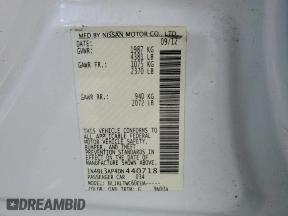 2013 Nissan Altima SV z VIN 1N4BL3AP4DN440718, wystawiony jako Copart lot #55114085 z przebiegiem 60 643 mil mil oraz Szkoda całkowita • Salvage title. Historia ofert i sprzedaży dostępna na DreamBid. Obrazek 12.