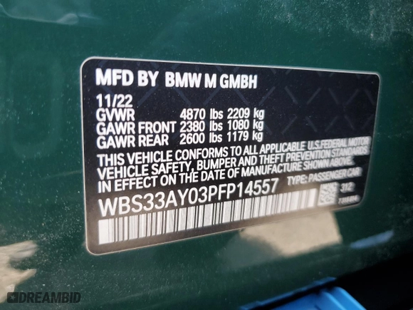 2023 BMW M3 Competition with VIN WBS33AY03PFP14557, listed as a Copart auction lot 73034224 with 10,085 mi miles and Salvage Title. Bid and sale history available at carsss.com. Image 14.