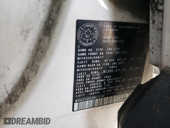2012 Volkswagen Tiguan with VIN WVGCV7AX2CW515758, listed as a Copart auction lot 52456355 with 179,907 mi miles and Clean Title. Bid and sale history available at DreamBid. Image 12.