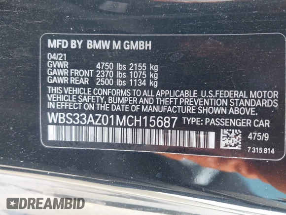 2021 BMW M4 Competition z VIN WBS33AZ01MCH15687, wystawiony jako IAAI lot #42040926 z przebiegiem 44 759 mil mil oraz . Historia ofert i sprzedaży dostępna na DreamBid. Obrazek 9.