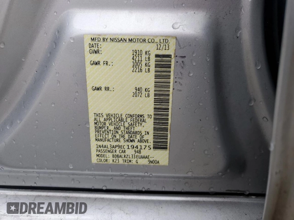 2014 Nissan Altima 2.5 with VIN 1N4AL3AP9EC194175, listed as a Copart auction lot 47776655 with 214,616 mi miles and Salvage Title. Bid and sale history available at carsss.com. Image 12.