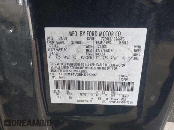 2008 Ford F-150 XLT with VIN 1FTPX14V38KD16997, listed as a IAAI auction lot 41614908 with 230,975 mi miles. Bid and sale history available at carsss.com. Image 9.