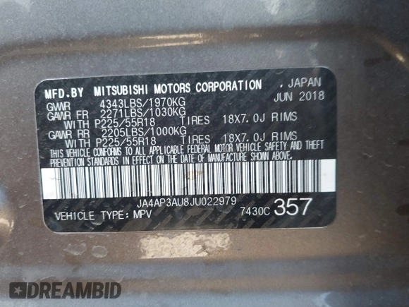 2018 Mitsubishi Outlander Sport ES 2.0 with VIN JA4AP3AU8JU022979, listed as a IAAI auction lot 41808941 with 100,933 mi miles. Bid and sale history available at carsss.com. Image 9.