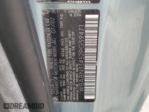 2002 BMW 3 Series 325Ci with VIN WBABN33452PG59471, listed as a Copart auction lot 43534095 with 178,181 mi miles and Salvage title. Bid and sale history available at DreamBid. Image 12.