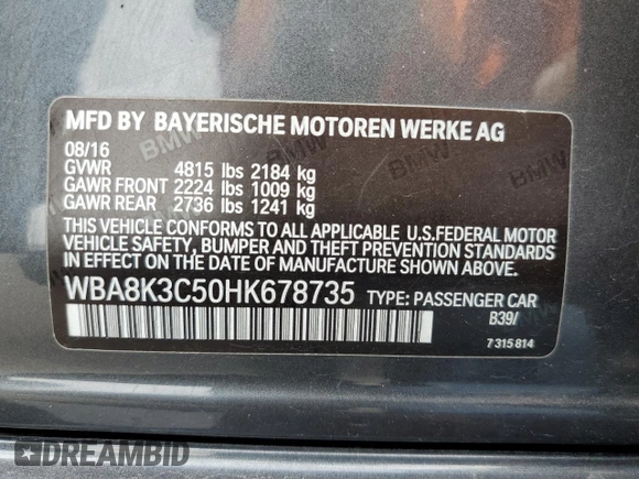 2017 BMW 3 Series 330i xDrive with VIN WBA8K3C50HK678735, listed as a Copart auction lot 59427303 with 98,536 mi miles and . Bid and sale history available at carsss.com. Image 15.