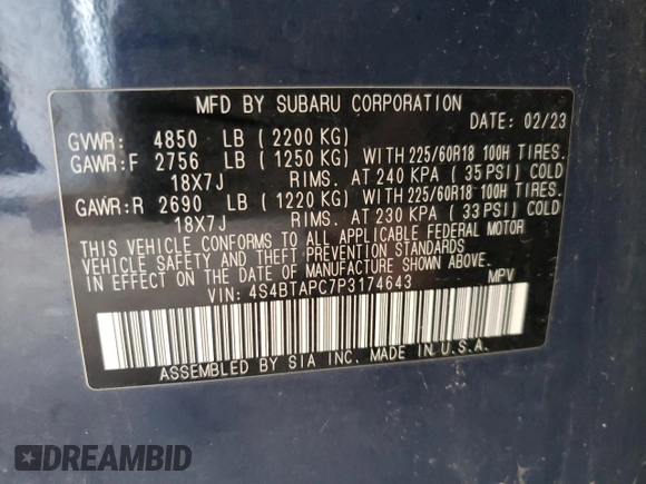2023 Subaru Outback Touring with VIN 4S4BTAPC7P3174643, listed as a Copart auction lot 55060975 with 126,450 mi miles and Non repairable. Bid and sale history available at DreamBid. Image 13.