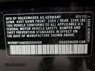 2013 Volkswagen CC Sport with VIN WVWBP7AN5DE550486, listed as a Copart auction lot 55075185 with 97,278 mi miles and Clean Title. Bid and sale history available at carsss.com. Image 12.