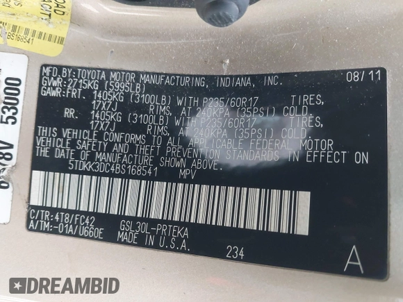 2011 Toyota Sienna LE AAS with VIN 5TDKK3DC4BS168541, listed as a IAAI auction lot 41564580 with Not Provided miles. Bid and sale history available at carsss.com. Image 9.