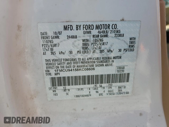 2008 Ford Escape Limited with VIN 1FMCU94158KC08606, listed as a Copart auction lot 61902405 with 166,477 mi miles and Salvage title. Bid and sale history available at DreamBid. Image 13.