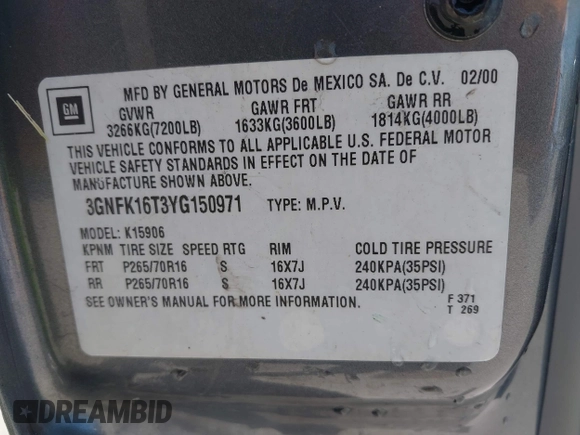 2000 Chevrolet Suburban LS with VIN 3GNFK16T3YG150971, listed as a IAAI auction lot 42333901 with 221,712 mi miles and . Bid and sale history available at DreamBid. Image 9.