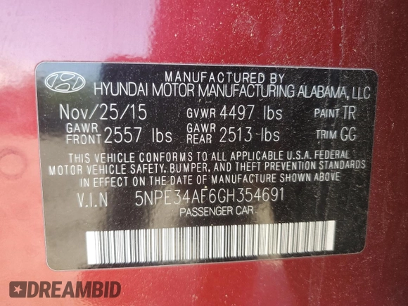2016 Hyundai Sonata Sport with VIN 5NPE34AF6GH354691, listed as a Copart auction lot 52252505 with 98,793 mi miles and Salvage Title. Bid and sale history available at DreamBid. Image 14.