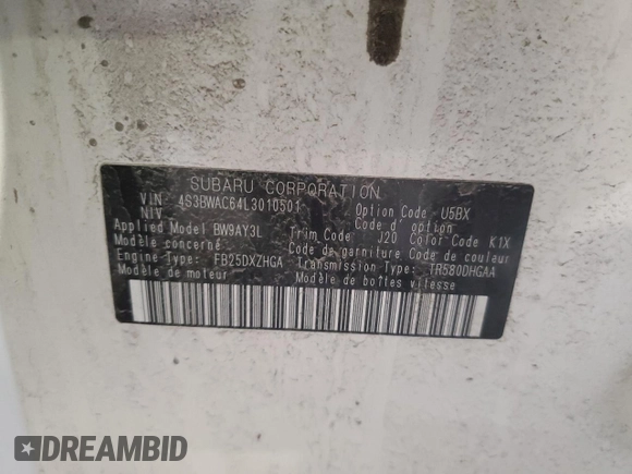 2020 Subaru Legacy Premium with VIN 4S3BWAC64L3010501, listed as a Copart auction lot 54066685 with 110,132 mi miles and Salvage title. Bid and sale history available at DreamBid. Image 12.