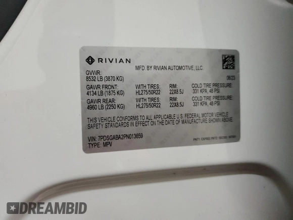 2023 Rivian R1S Adventure z VIN 7PDSGABA2PN013659, wystawiony jako Copart lot #53475945 z przebiegiem 13 928 mil mil oraz Szkody całkowita. Historia ofert i sprzedaży dostępna na DreamBid. Obrazek 15.