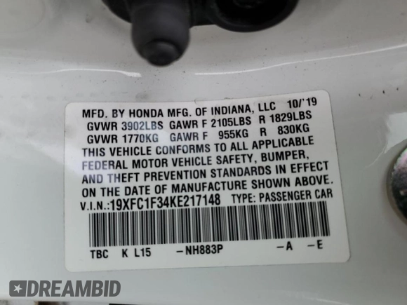 2019 Honda Civic Sedan EX with VIN 19XFC1F34KE217148, listed as a Copart auction lot 48805065 with 41,205 mi miles and Salvage Title. Bid and sale history available at carsss.com. Image 14.