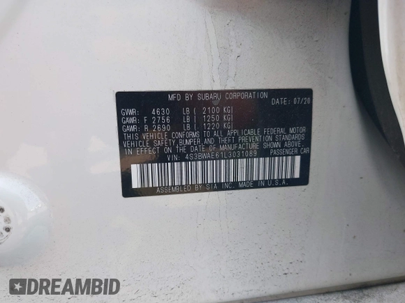 2020 Subaru Legacy Premium with VIN 4S3BWAE61L3031089, listed as a IAAI auction lot 42473604 with 38,807 mi miles and . Bid and sale history available at DreamBid. Image 9.
