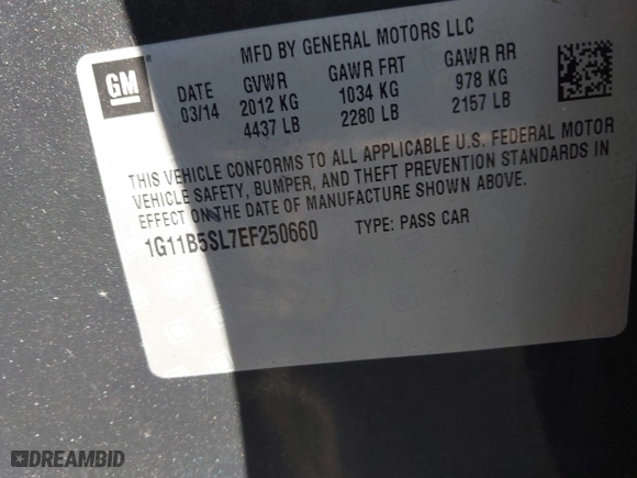 2014 Chevrolet Malibu LS with VIN 1G11B5SL7EF250660, listed as a IAAI auction lot 41461190 with 1 mi miles. Bid and sale history available at carsss.com. Image 9.