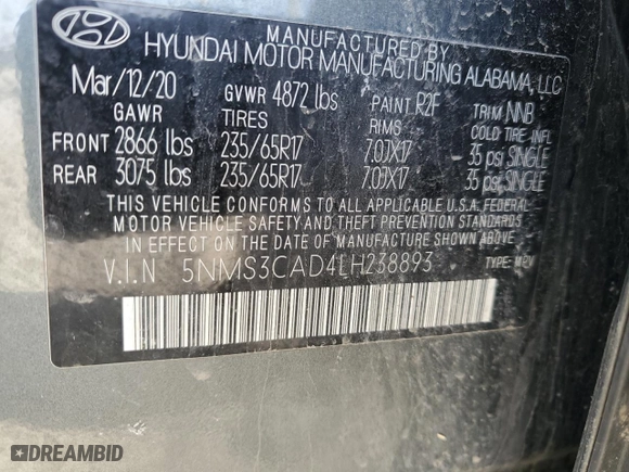 2020 Hyundai Santa Fe SEL with VIN 5NMS3CAD4LH238893, listed as a Copart auction lot 51429535 with 94,910 mi miles and Salvage Title. Bid and sale history available at carsss.com. Image 13.