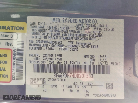 2013 Ford Fusion SE with VIN 3FA6P0H74DR201533, listed as a IAAI auction lot 41991723 with 150,318 mi miles and . Bid and sale history available at DreamBid. Image 9.