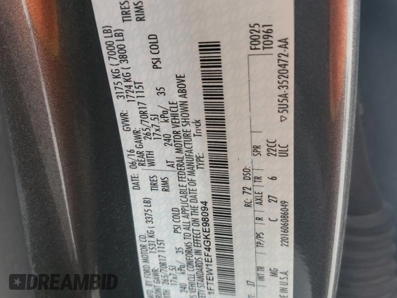 2016 Ford F-150 XLT with VIN 1FTEW1EF4GKE98094, listed as a Copart auction lot 52121985 with 125,000 mi miles and Salvage Title. Bid and sale history available at DreamBid. Image 13.